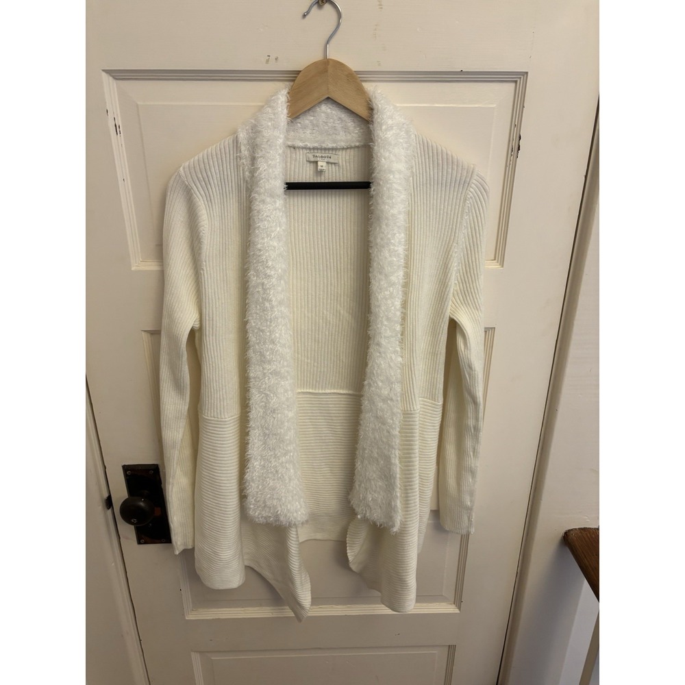 Talbots Women's Ivory Open Cardigan Faux Fur Collar Size Medium